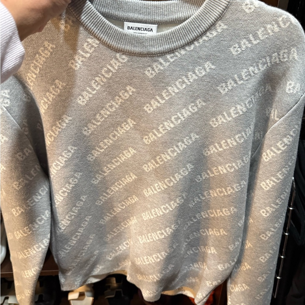 Balenciaga Gray Crew Neck Sweater with Repeated Logo Print